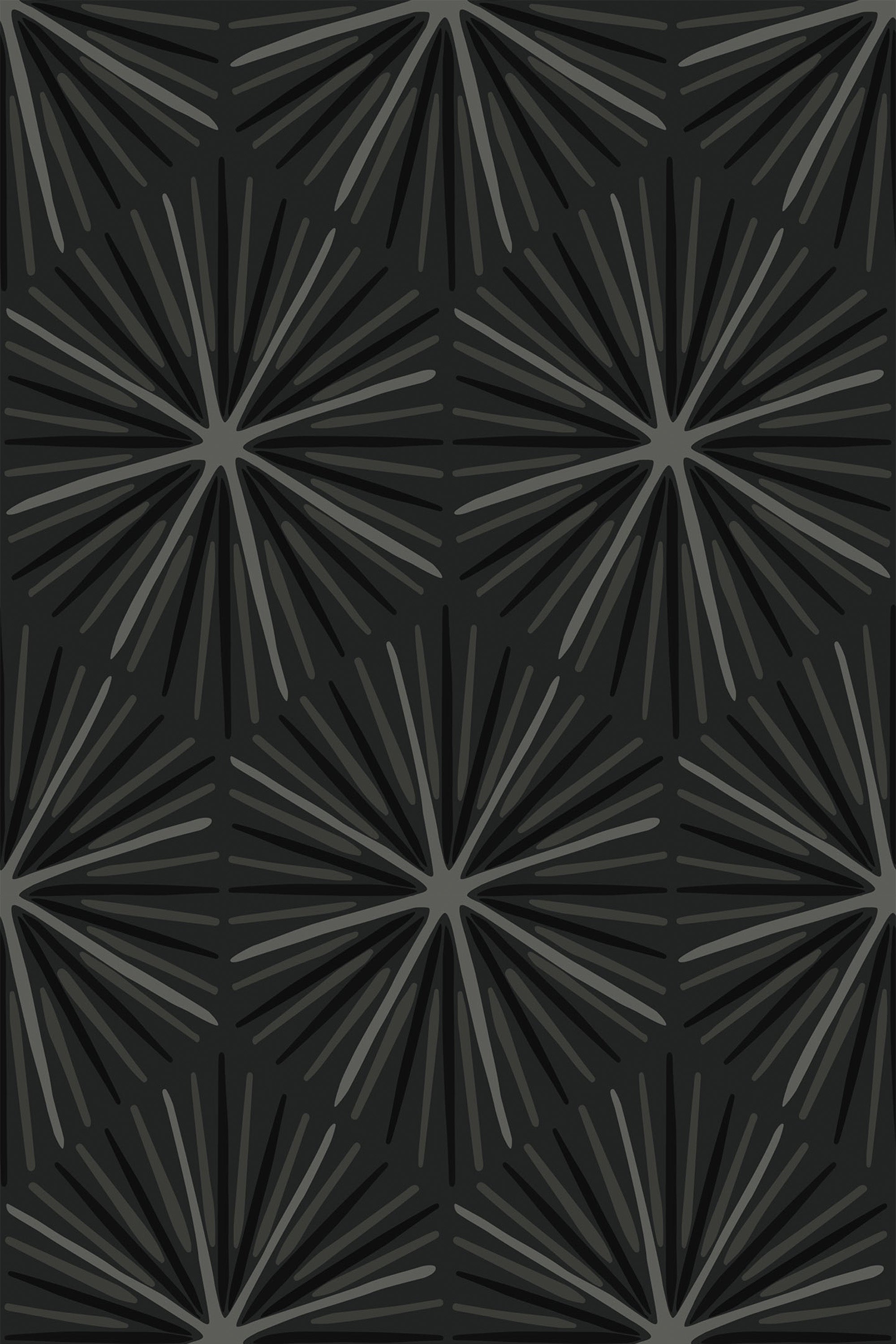 A wallpaper design with a pattern of black starburst shapes arranged in a grid on a dark gray background. Peel and stick removable wallpaper.