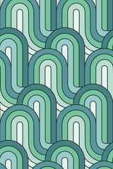 A repeating pattern of retro waves in various shades of green, teal, and blue, forming a smooth and geometric design. Peel and stick removable wallpaper.