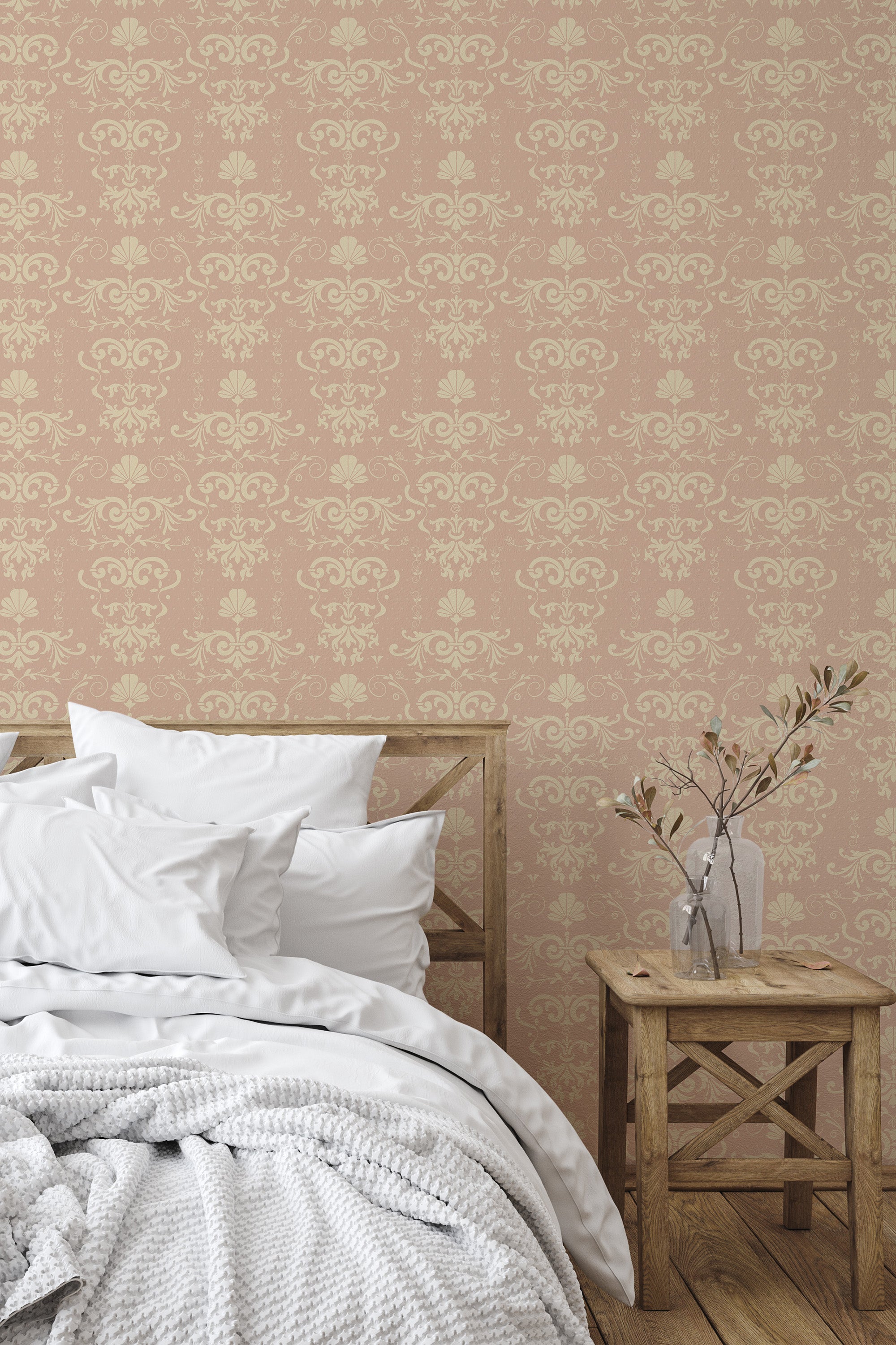 Self-adhesive Old Pink Damask wallpaper with intricate cream floral patterns on a soft pink background, adding elegance and a vintage charm to the room.