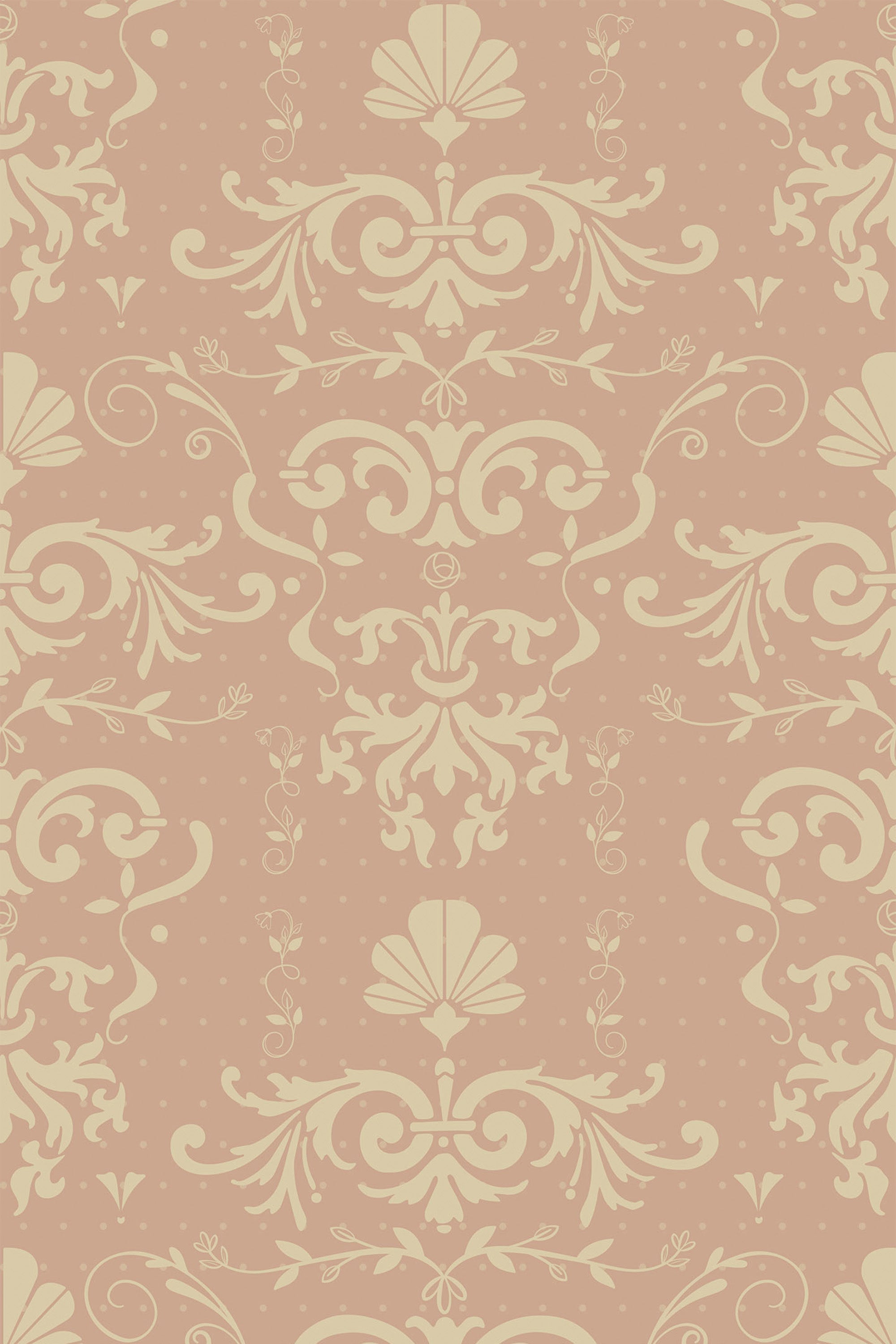 An old pink wallpaper with intricate damask patterns in soft cream hues, featuring elegant scrolls, floral elements, and decorative details, creating a vintage and sophisticated look. Peel and stick removable wallpaper.