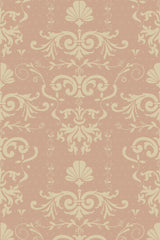 An old pink wallpaper with intricate damask patterns in soft cream hues, featuring elegant scrolls, floral elements, and decorative details, creating a vintage and sophisticated look. Peel and stick removable wallpaper.