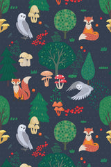 Whimsical woodland creatures like foxes and owls among vibrant trees, mushrooms, and clusters of red berries on a dark background, creating an enchanting forest scene. Peel and stick removable wallpaper.