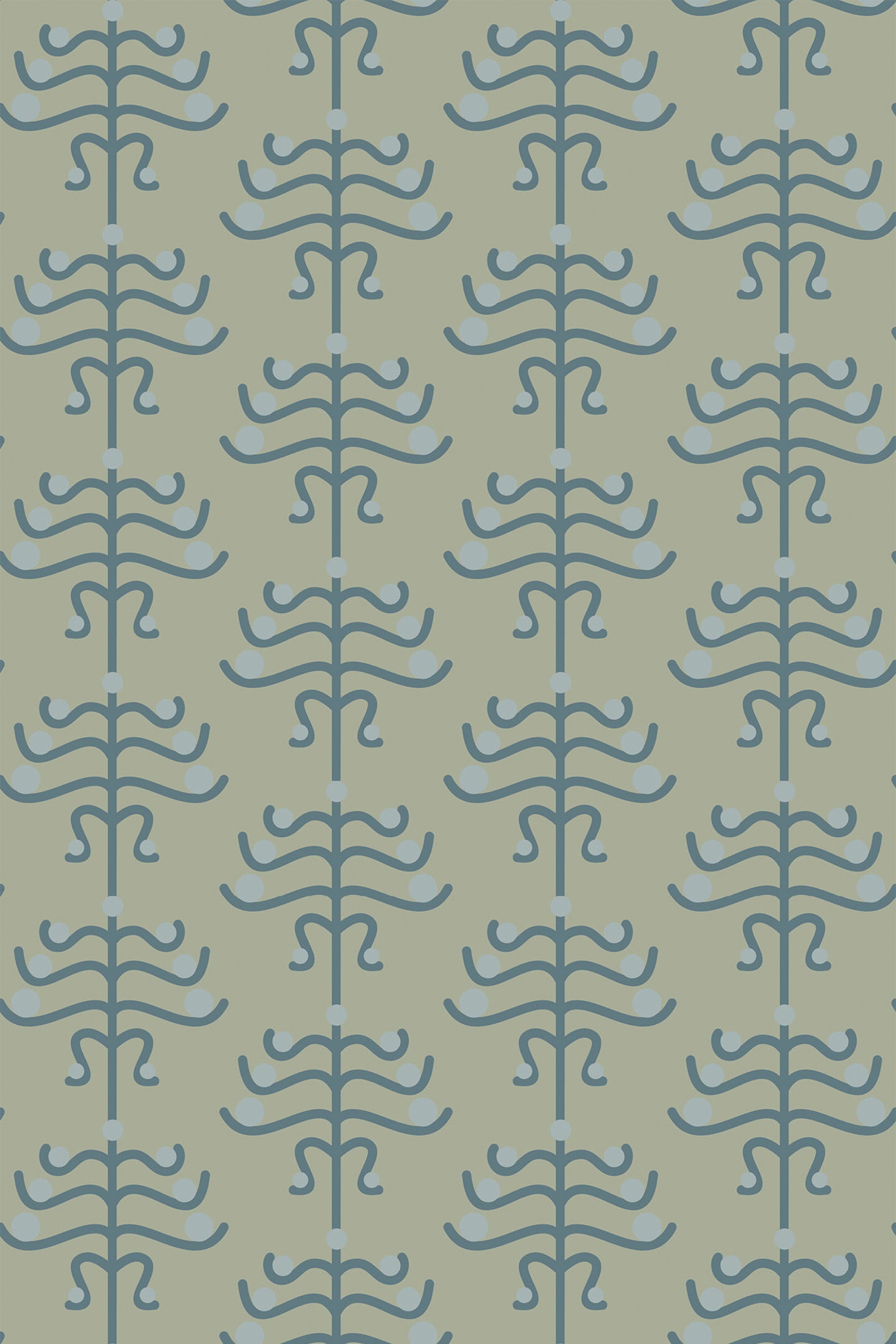 Geometric floral art deco design in soft shades of blue with symmetrical, stylized flowers and curving lines against a light green background, peel and stick removable wallpaper.