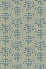 Geometric floral art deco design in soft shades of blue with symmetrical, stylized flowers and curving lines against a light green background, peel and stick removable wallpaper.