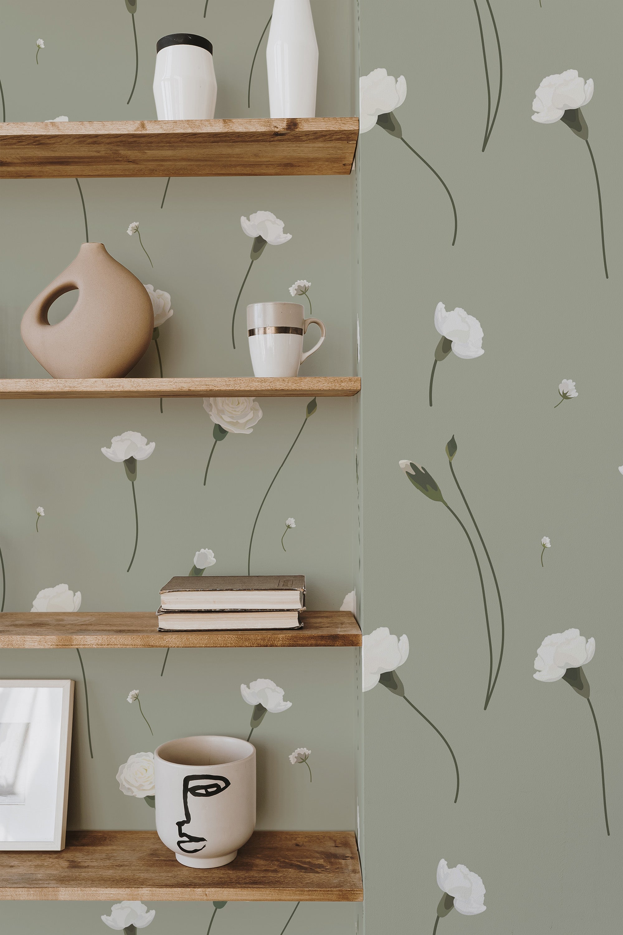 Self-adhesive wallpaper with a soft green background adorned with delicate white carnation flowers and slender stems, creating a serene and elegant atmosphere.