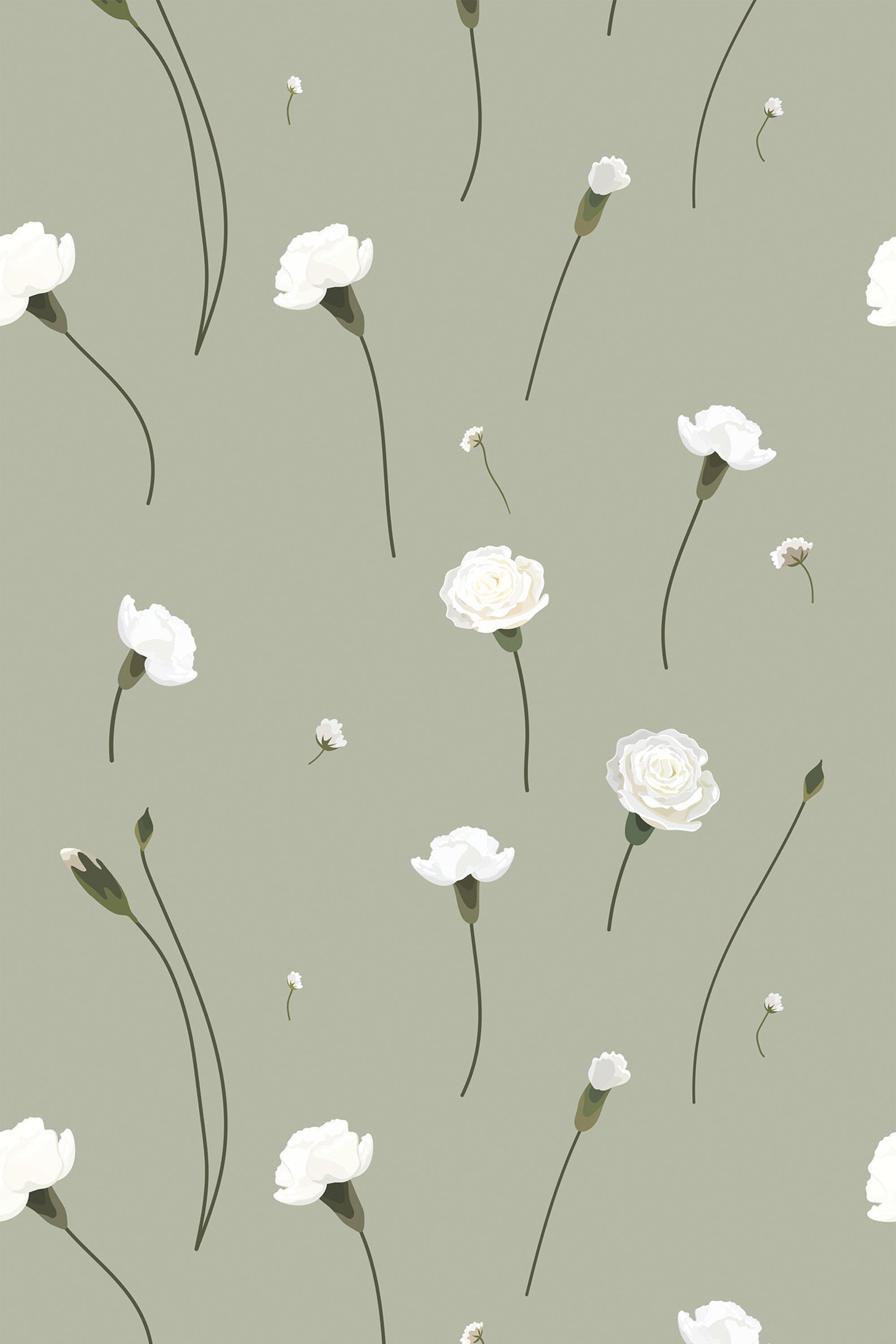 A delicate pattern of white carnation flowers with varying stem lengths scattered on a soft, muted green background. Peel and stick removable wallpaper.