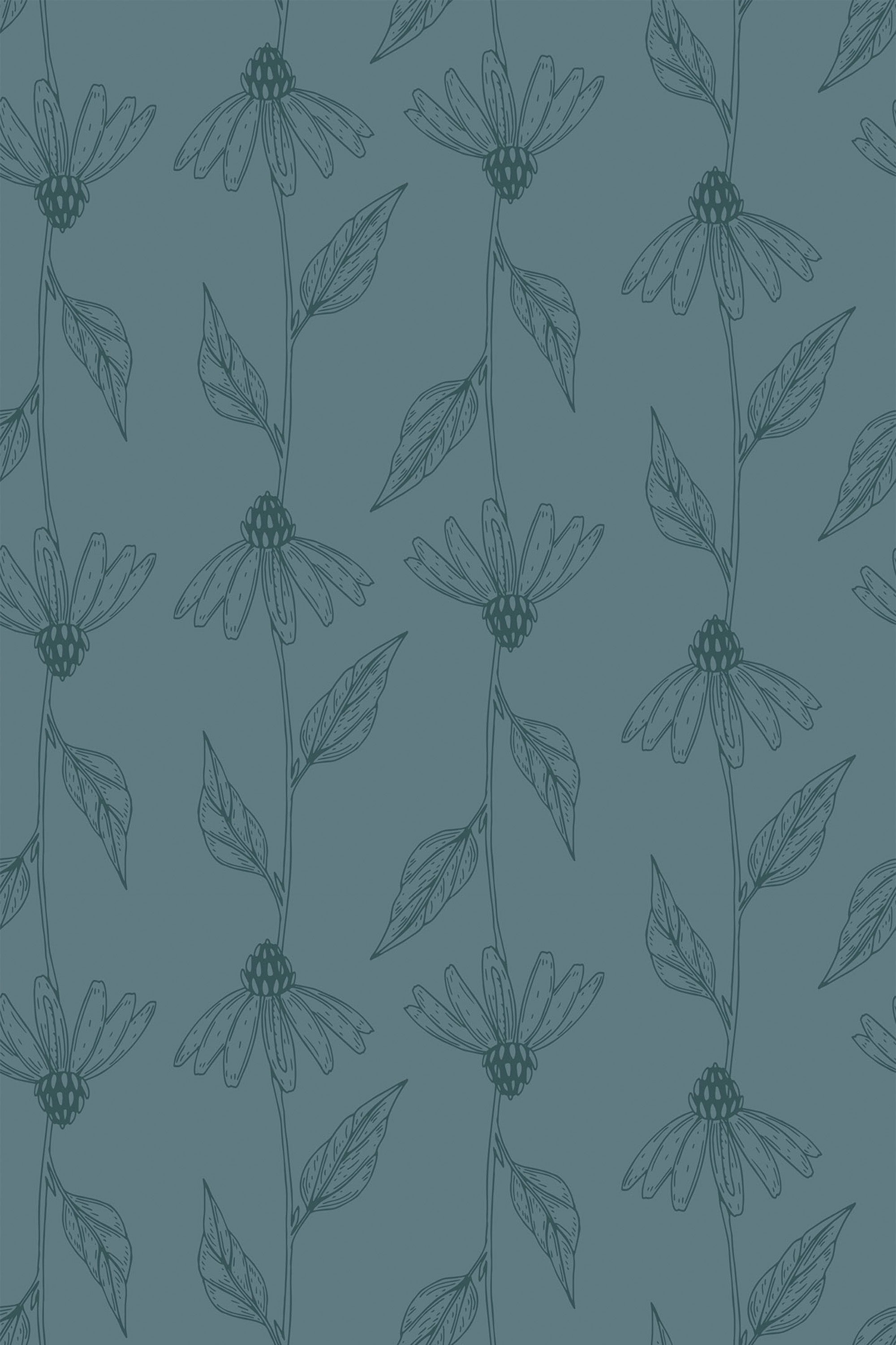 Linear daisy flower design with detailed leaves and stems, repeating across a muted blue-green background. Peel and stick removable wallpaper.