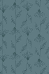 Linear daisy flower design with detailed leaves and stems, repeating across a muted blue-green background. Peel and stick removable wallpaper.