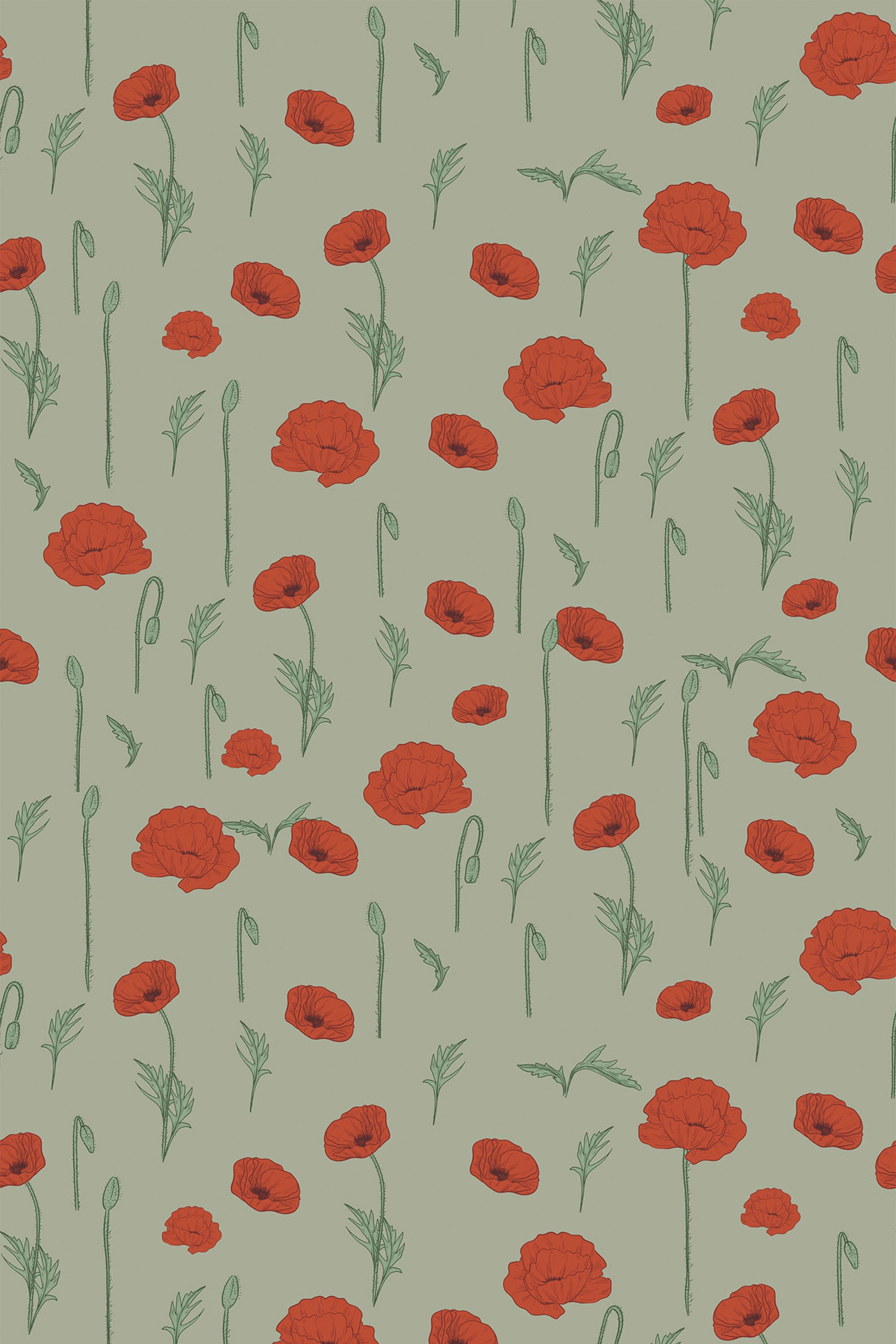 Red poppies and green stems scattered across a light green background, creating a nature-inspired meadow effect. Peel and stick removable wallpaper.