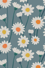 White daisies with yellow and orange centers scattered across a muted teal background, with green stems and smaller closed buds throughout. Peel and stick removable wallpaper.
