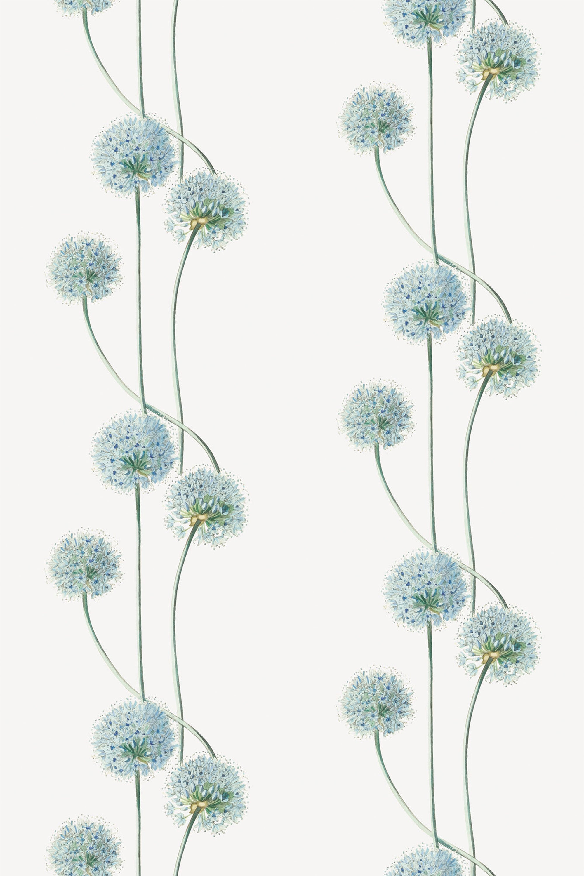 Delicate dandelion patterns with fluffy spherical blossoms and slender green stems arranged in vertical stripes on a light background. Peel and stick removable wallpaper.