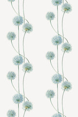 Delicate dandelion patterns with fluffy spherical blossoms and slender green stems arranged in vertical stripes on a light background. Peel and stick removable wallpaper.