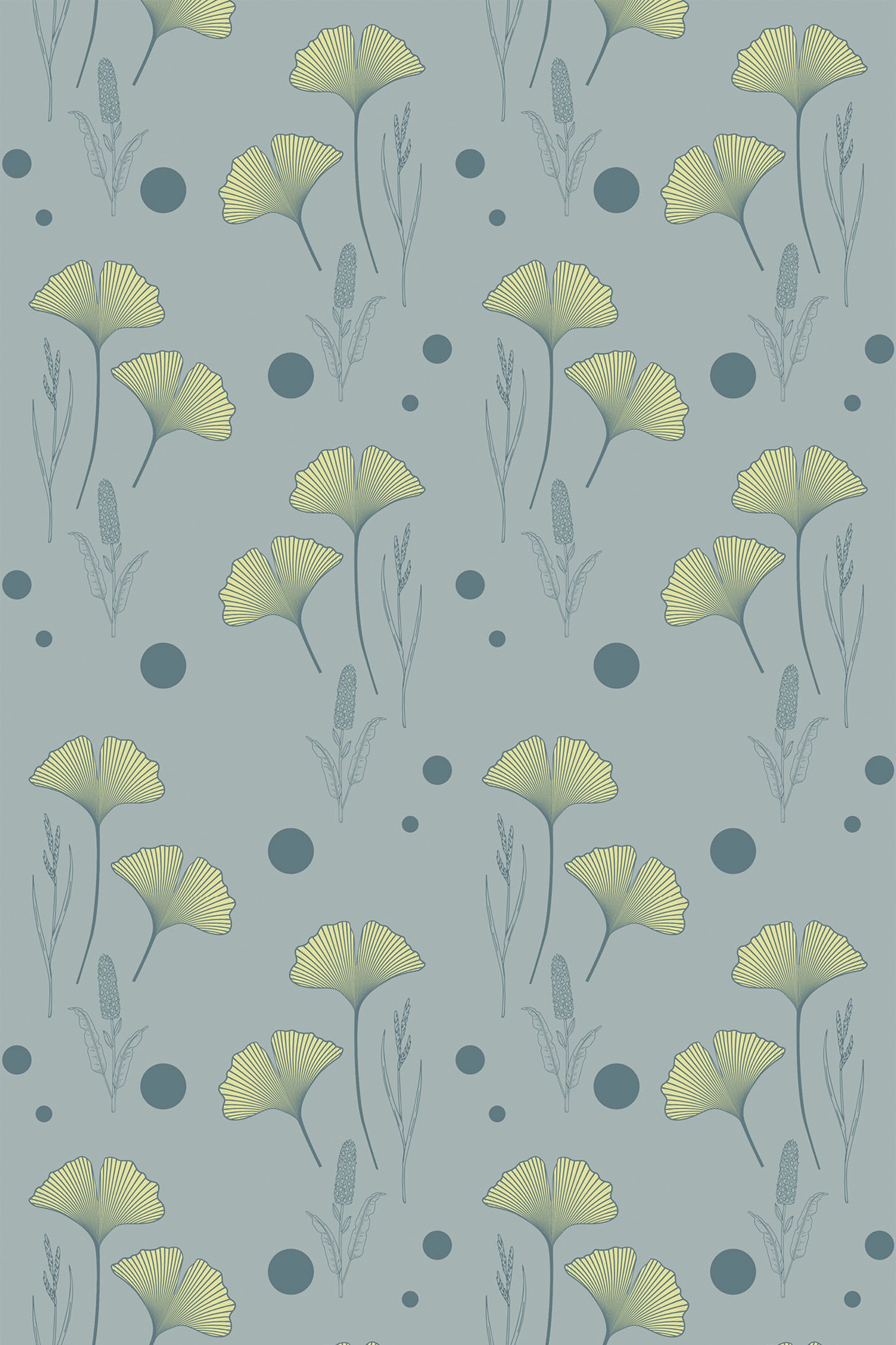 A repetitive pattern of delicate green ginkgo leaves and slender branches on a muted blue-green background with soft round accents. Peel and stick removable wallpaper.