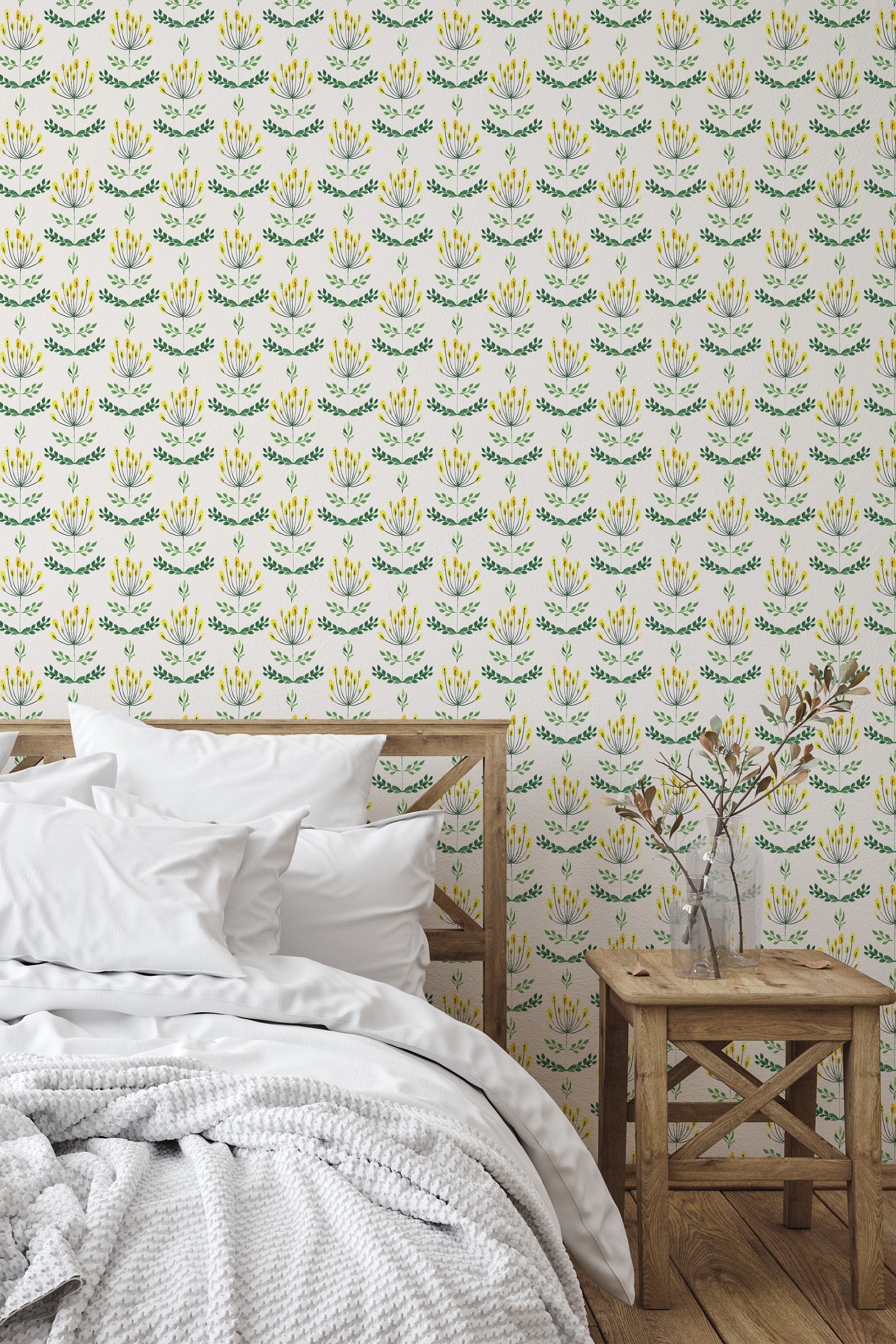 Self-adhesive wallpaper with a repeating abstract sunflower pattern in shades of yellow, with green leaves scattered against a light background.
