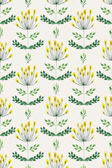 Yellow and black abstract sunflower-like patterns with green leaves in a repeating layout on a light background, peel and stick removable wallpaper.