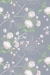 A grey background features white and light pink peony flowers intertwined with green leaves and delicate branches. The soft floral pattern creates a natural and calming effect. Peel and stick removable wallpaper.