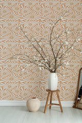 Self-adhesive wallpaper with a funky sunflower pattern in beige and white, adding a retro vibe to the room.