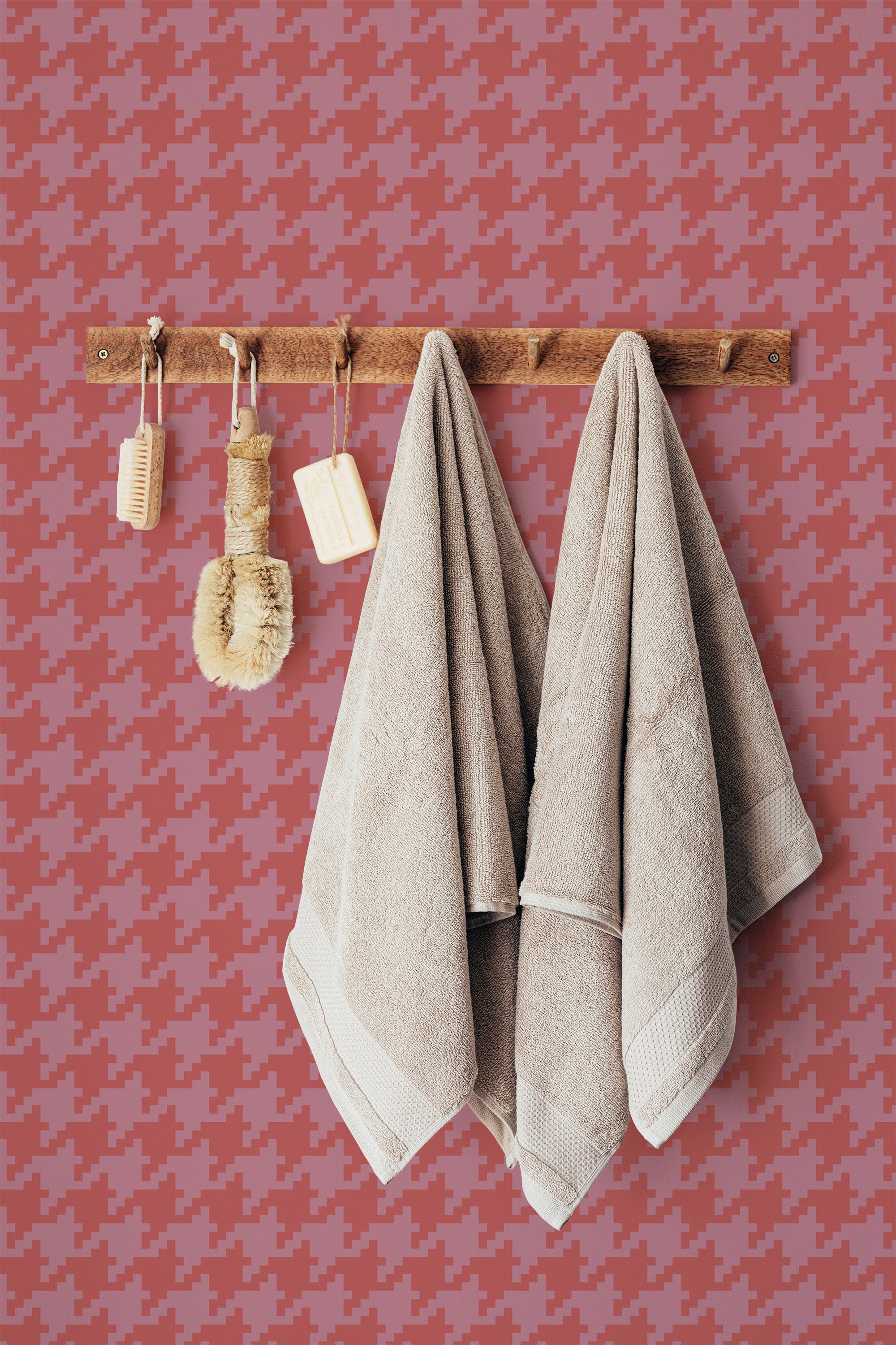 Self-adhesive Red Houndstooth wallpaper with a classic, bold houndstooth pattern in shades of red and pink, adding a vibrant and stylish touch to the room.