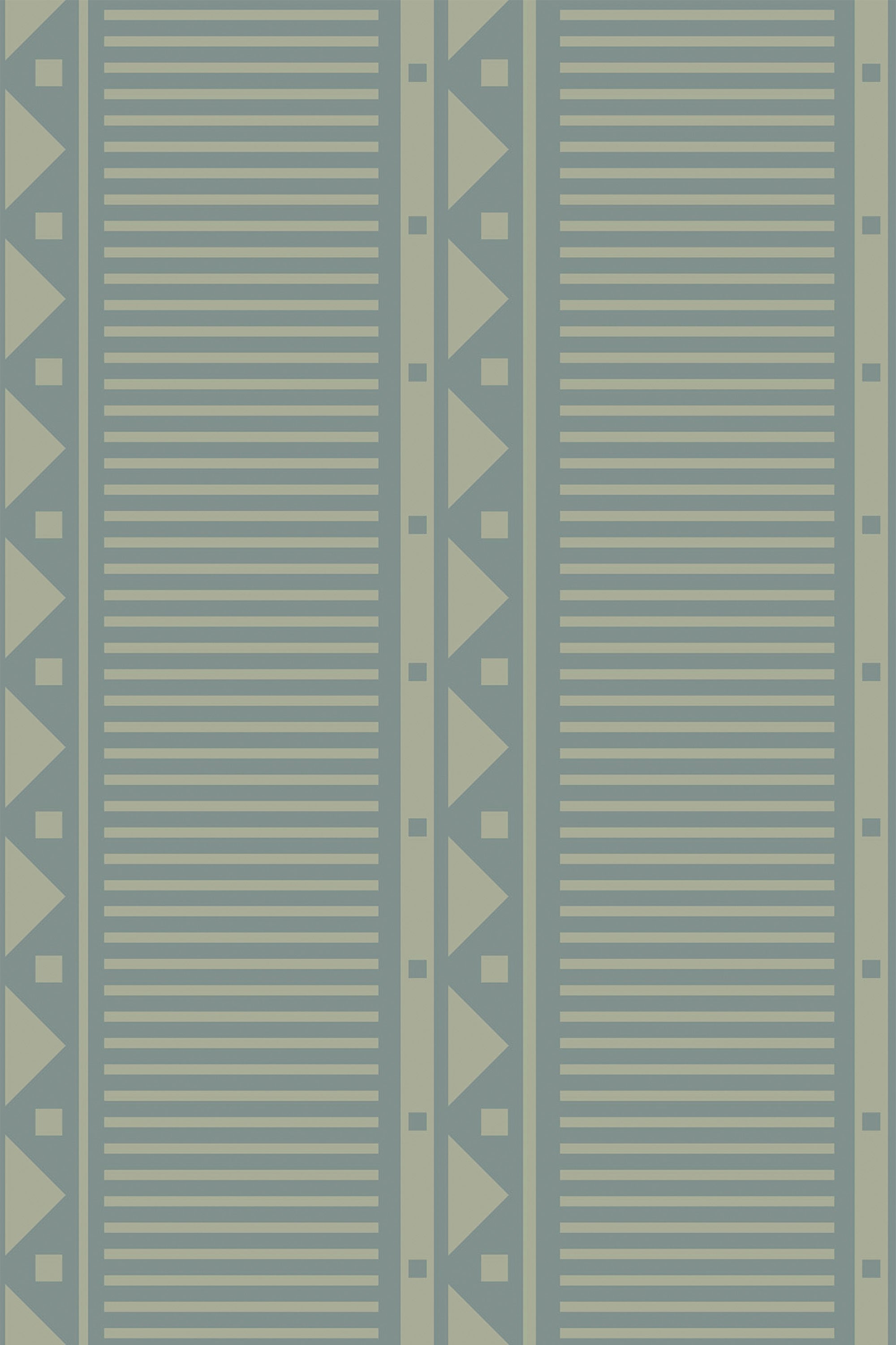 Green Geometry wallpaper with vertical stripes and alternating rows of small triangles and squares in a complementary green shade. The geometric pattern provides a modern, symmetrical aesthetic. Peel and stick removable wallpaper.