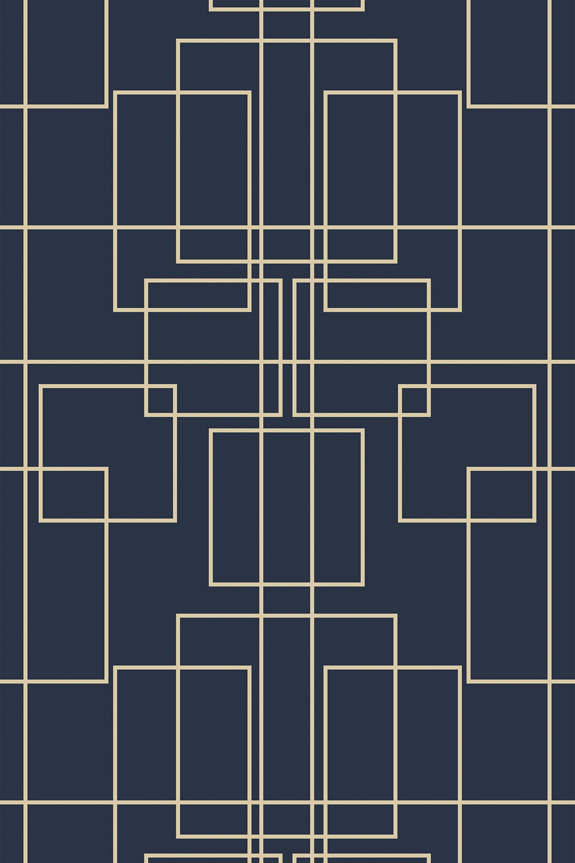 Art Deco-inspired geometric pattern with sharp lines and symmetrical shapes on a dark blue background, resembling The Great Gatsby style, peel and stick removable wallpaper.