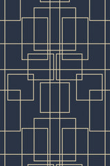 Art Deco-inspired geometric pattern with sharp lines and symmetrical shapes on a dark blue background, resembling The Great Gatsby style, peel and stick removable wallpaper.