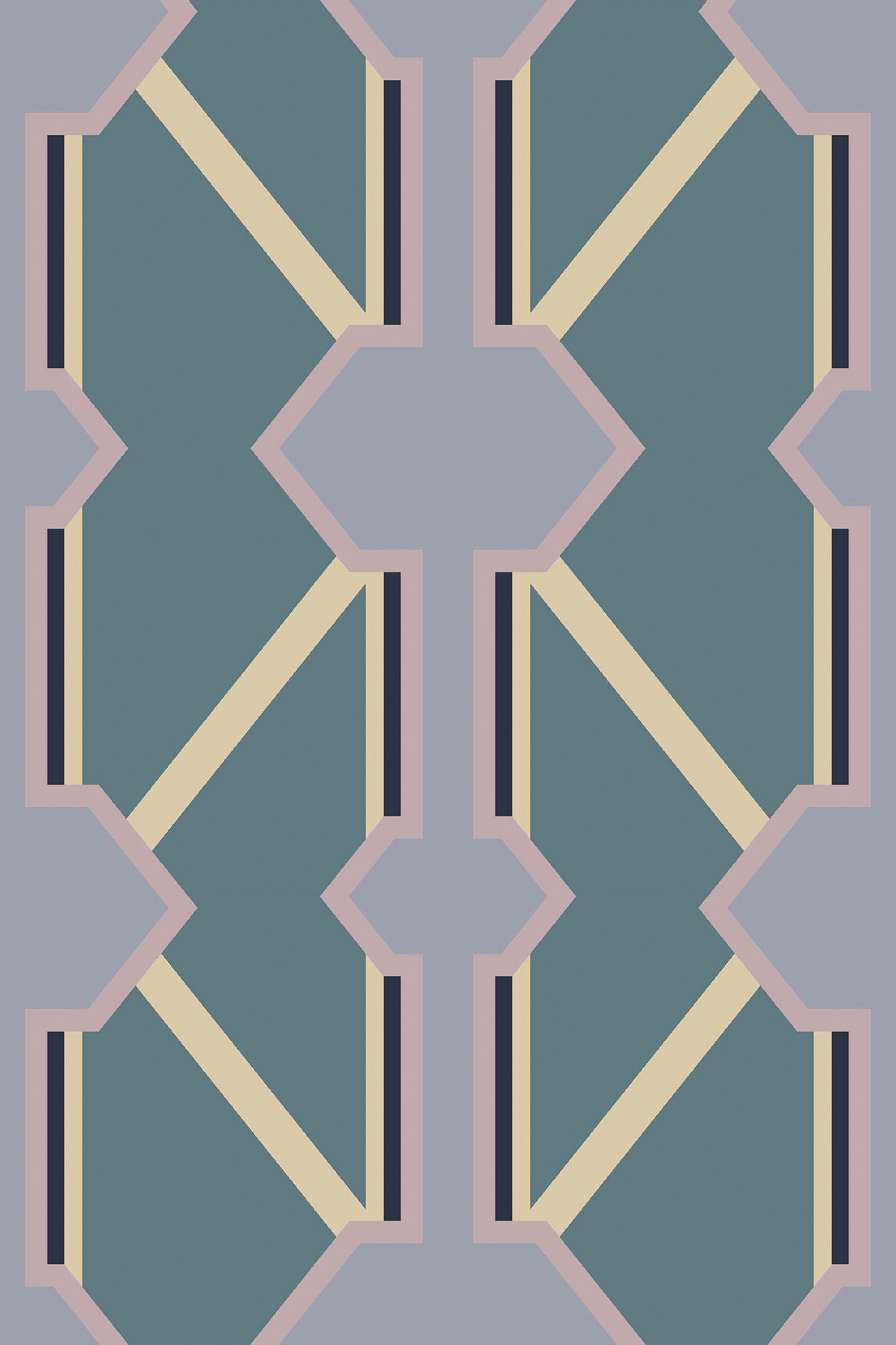 A geometric pattern with purple-blue tiles intersected by gold and white lines on a muted background, forming a repetitive, decorative motif for peel and stick removable wallpaper.