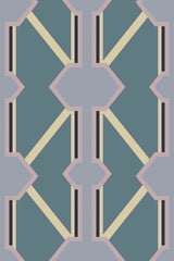A geometric pattern with purple-blue tiles intersected by gold and white lines on a muted background, forming a repetitive, decorative motif for peel and stick removable wallpaper.