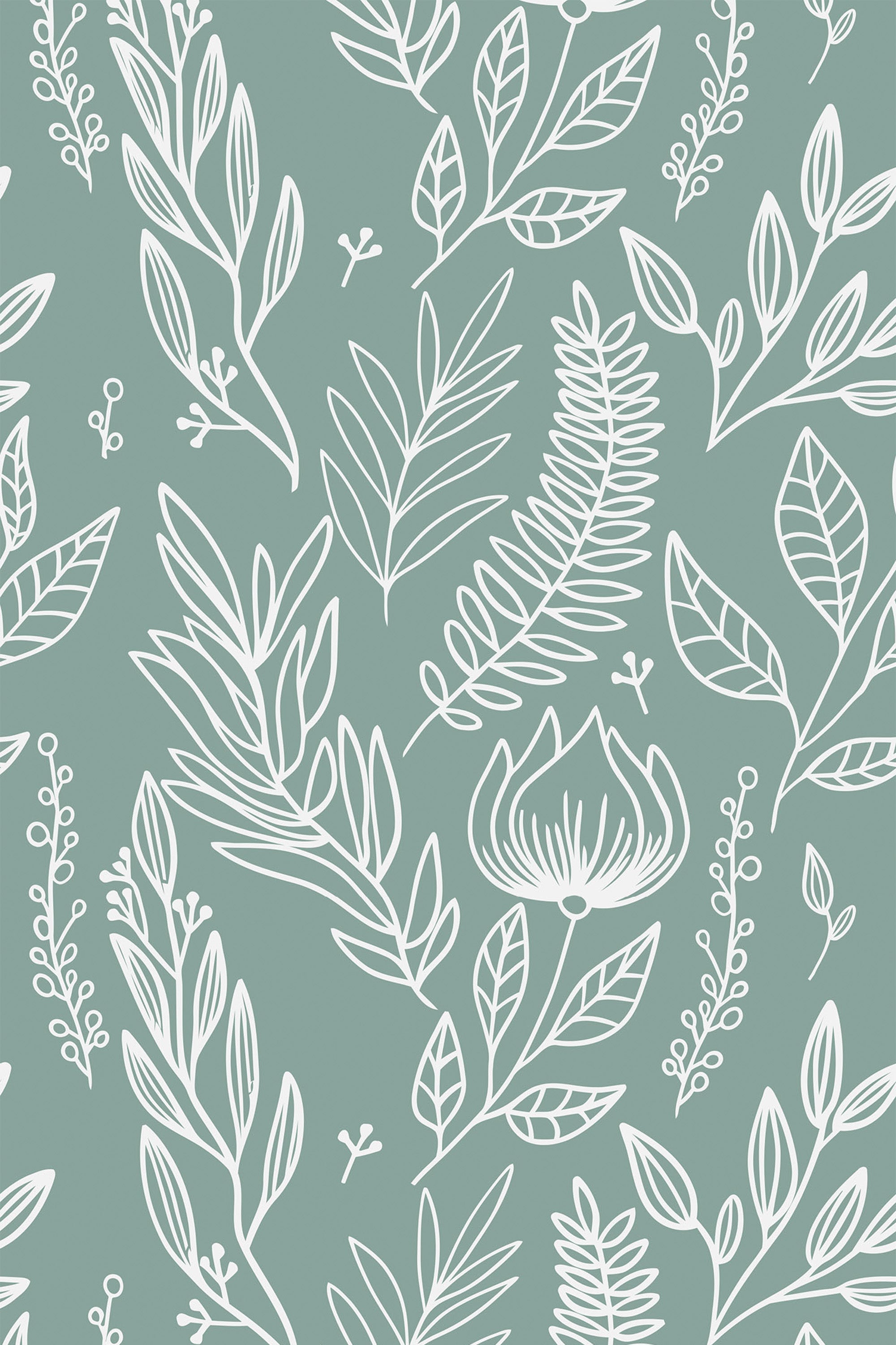 A pattern of white botanical illustrations on a sage green background, including various leaves and floral elements, as a peel and stick removable wallpaper.