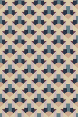 Geometric pattern with autumnal color scheme of tan, navy, and cream in a repeating diamond and triangular motif on peel and stick removable wallpaper.