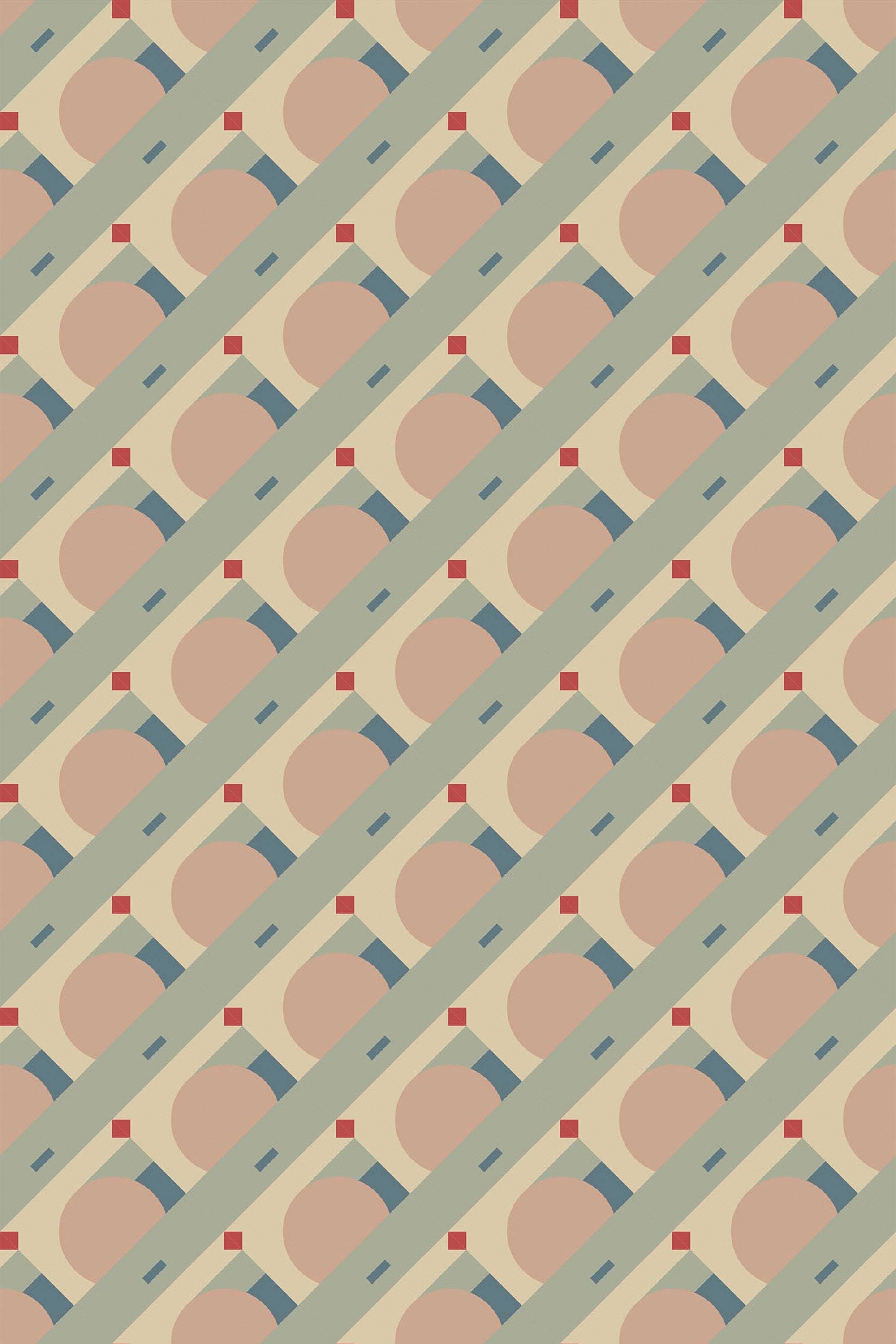 Retro pattern with diagonal stripes, circles, and diamond shapes in muted tones on peel and stick removable wallpaper.