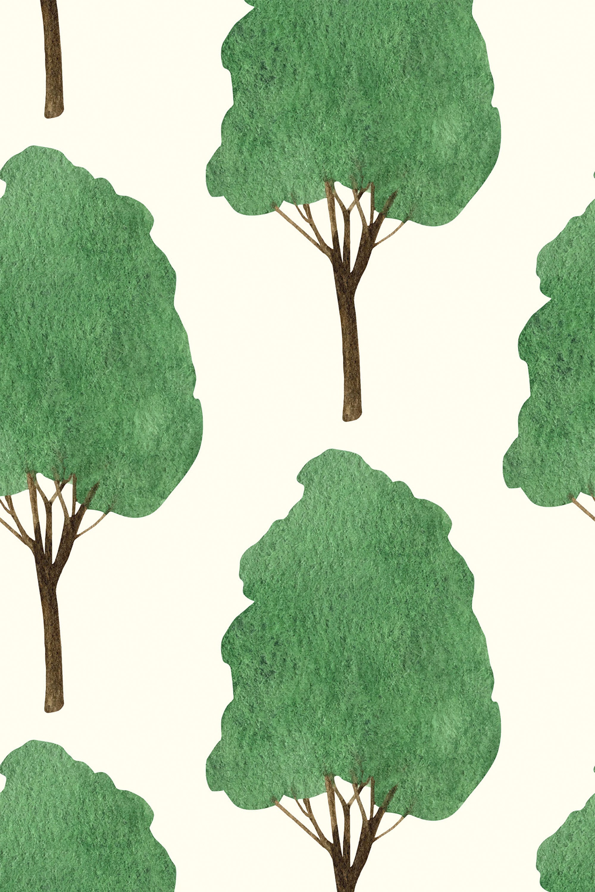 A pattern of watercolor green trees on an off-white background, ideal for a nature-themed decor, peel and stick removable wallpaper.