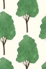 A pattern of watercolor green trees on an off-white background, ideal for a nature-themed decor, peel and stick removable wallpaper.