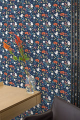 Self-adhesive wallpaper with a Cute Halloween pattern including smiling pumpkins, ghosts, stars, and moons on a dark blue background.