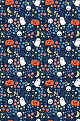 Halloween-themed pattern with ghosts, pumpkins, skulls, moons, and flowers on a dark background, suitable for festive decoration as peel and stick removable wallpaper.
