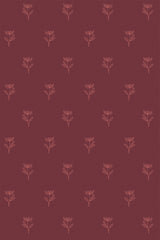 A pattern of small, delicate autumn flowers on a deep red background, arranged in a repeating design suitable for cozy interior decoration, peel and stick removable wallpaper.
