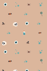A Halloween-themed peel and stick removable wallpaper with skulls, eyeballs, spiders, witch hats, and candy on a beige background.