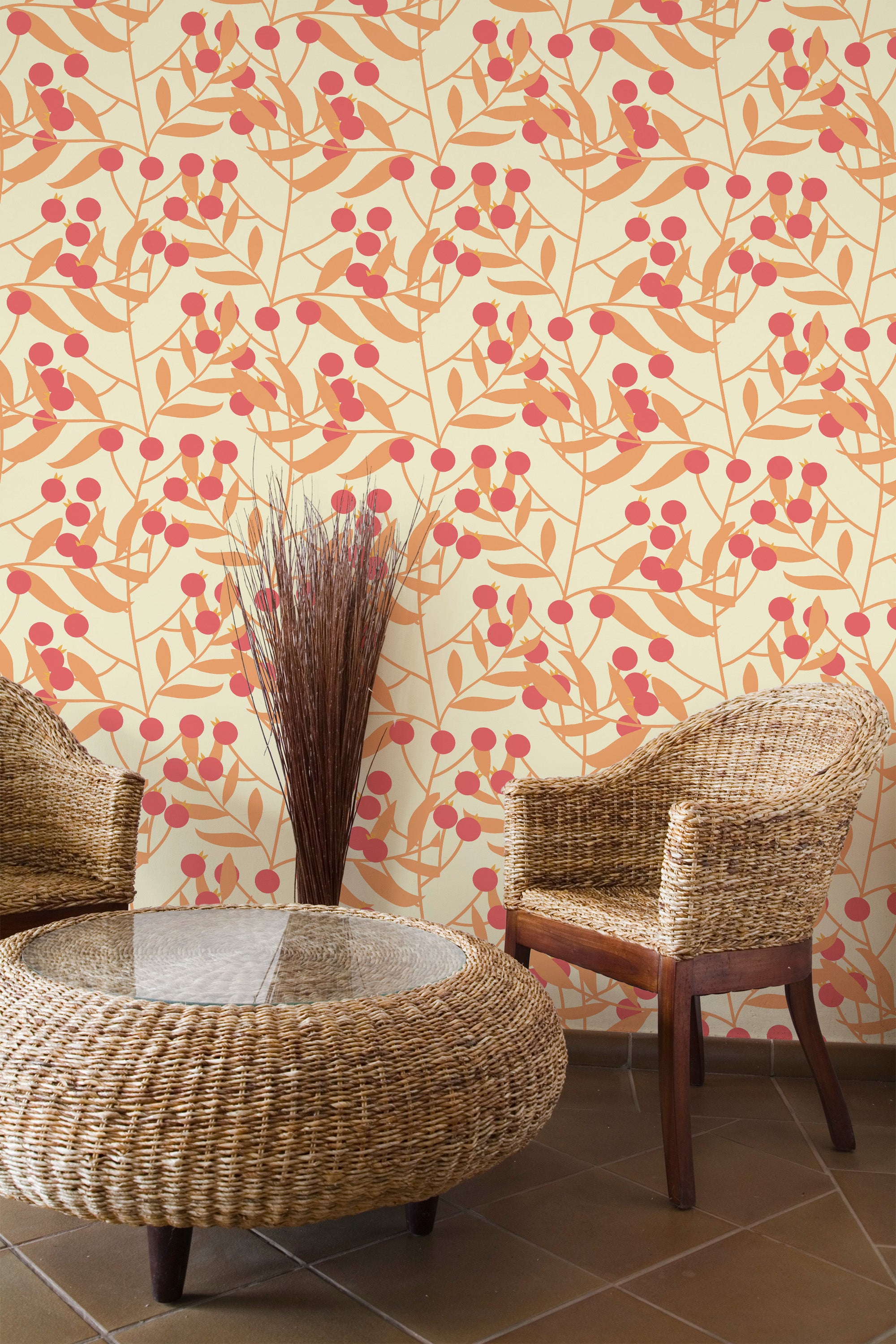 Self-adhesive wallpaper with a berry bush pattern in autumnal hues, alongside wicker furniture and a decorative vase.