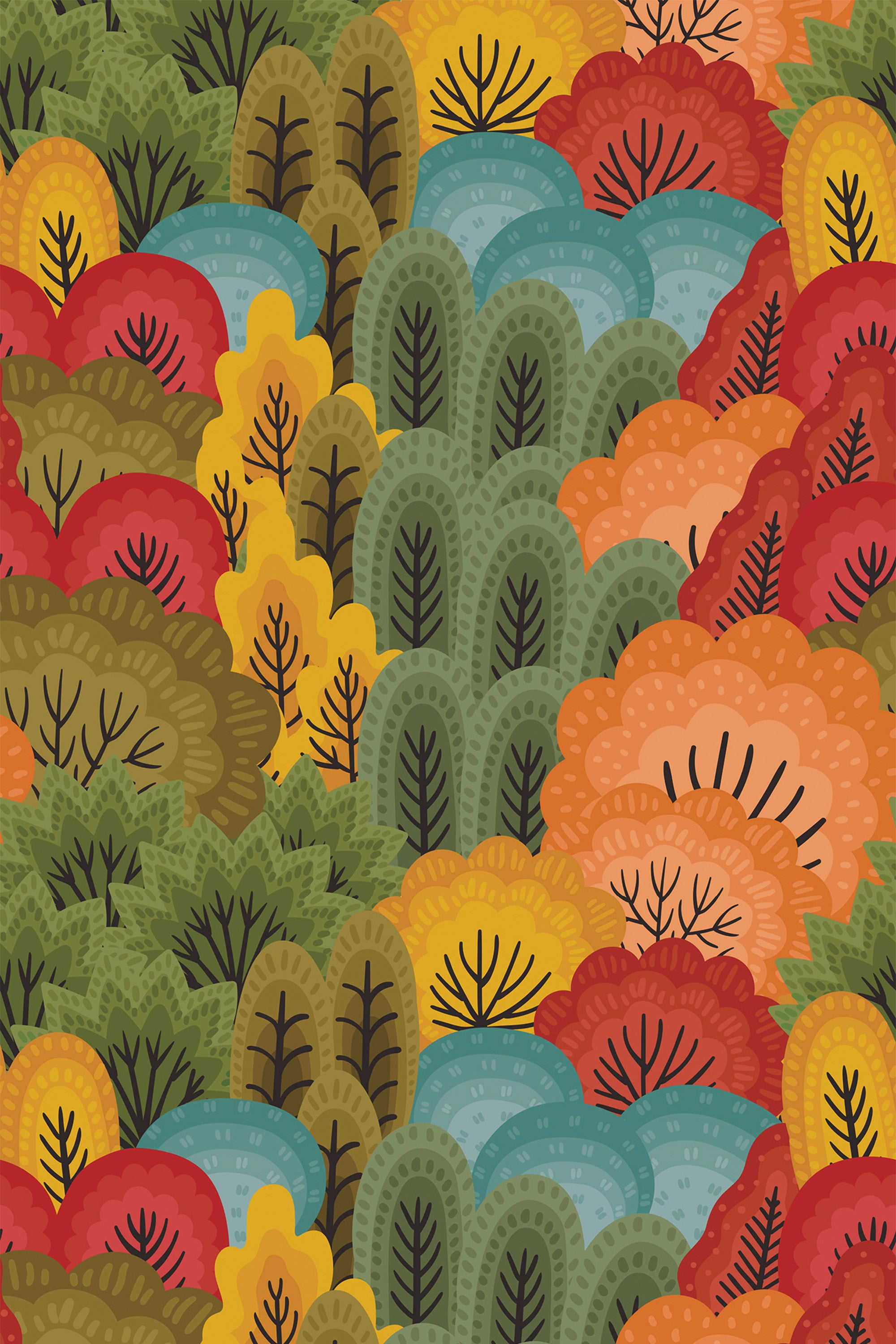 A vibrant pattern of stylized trees in autumn hues of red, yellow, green, and blue on a peel and stick removable wallpaper.