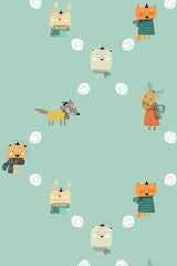 Cute illustrated baby animals in outfits on a mint background, including bunnies, bears, a raccoon, and a fox, in a repeated pattern for peel and stick removable wallpaper.