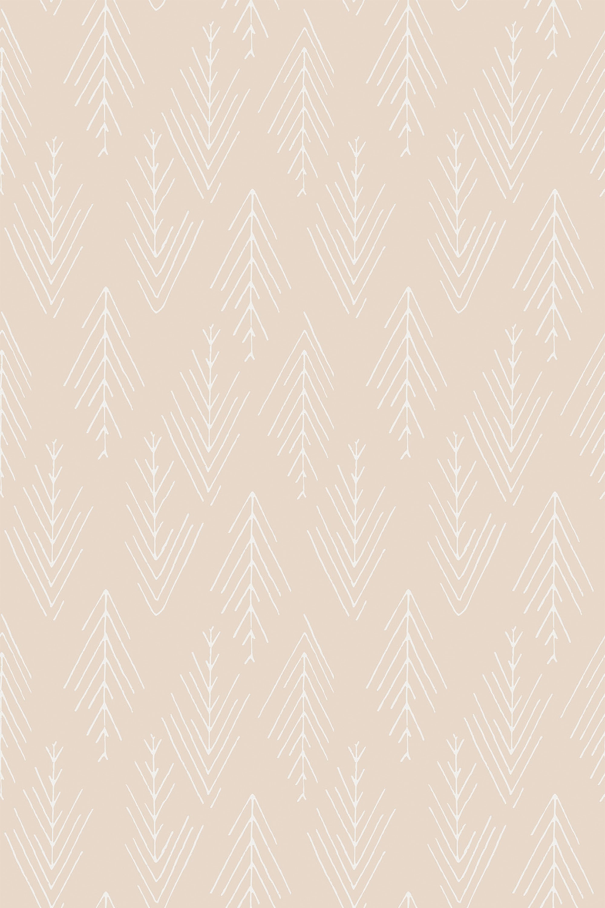 Neutral-toned wallpaper with a repeating pattern of abstract trees in a hygge style, peel and stick removable wallpaper.