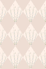 Neutral-toned wallpaper with a repeating pattern of floral diamonds, each containing subtle branches and blooms on a peel and stick removable surface.