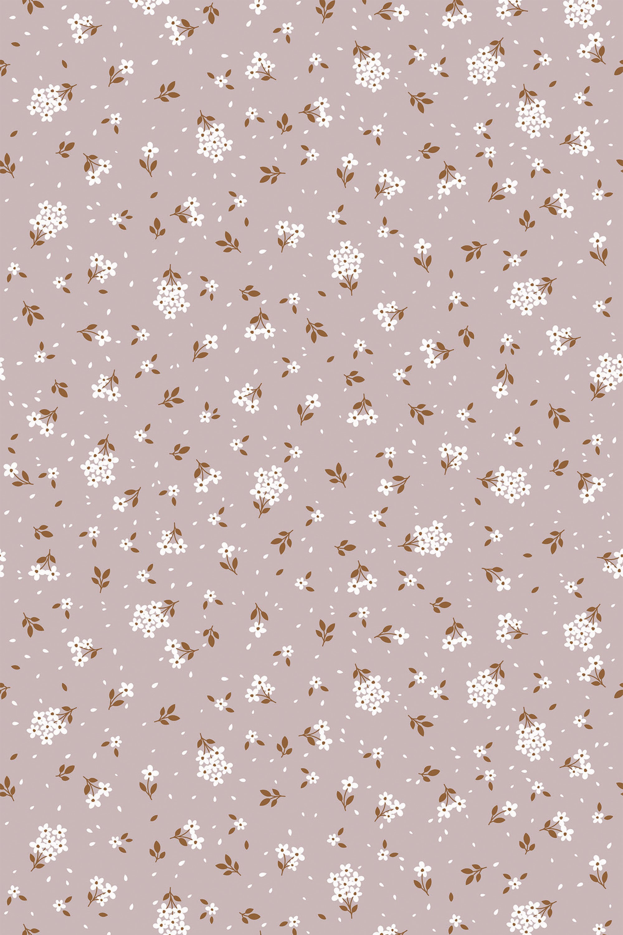 A repeating pattern of small, pinkish delicate flowers with brown stems and leaves on a muted background, suitable for home decor as a peel and stick removable wallpaper.