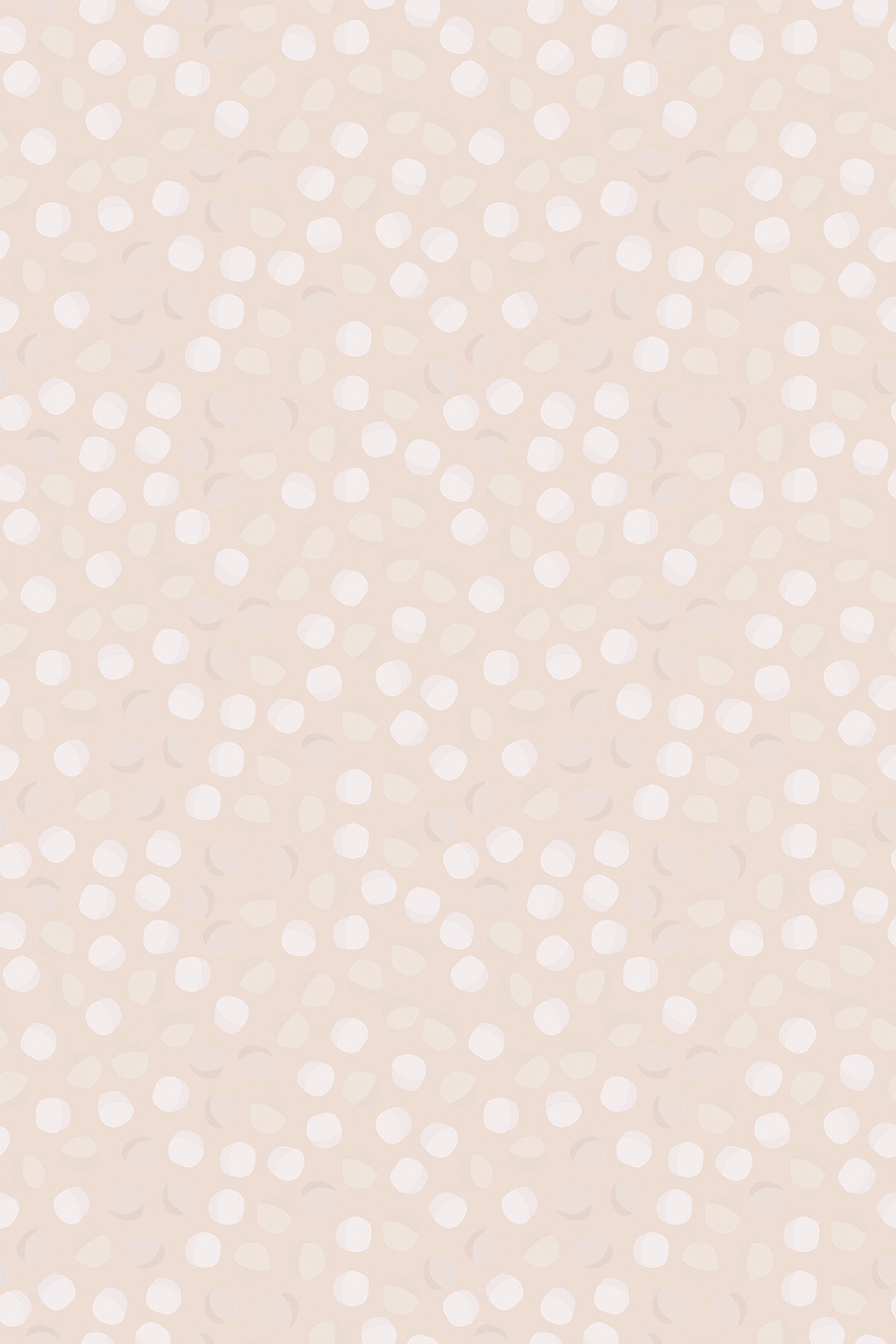 Beige wallpaper with a pattern of white staggered dots, giving a playful and modern vibe, titled 'Funky dots' as a peel and stick removable wallpaper.