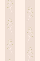 Vertical beige stripes with a repeated pattern of delicate tree branches with small green leaves on peel and stick removable wallpaper.