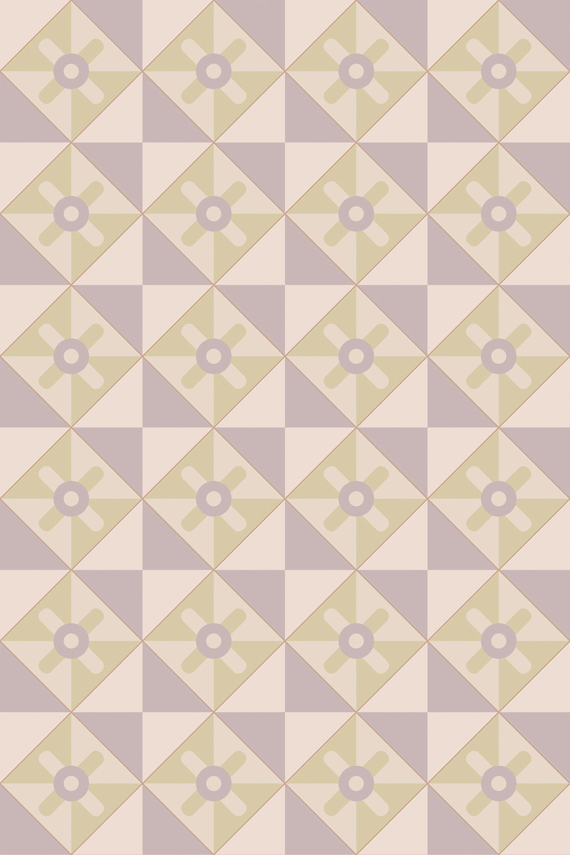 Purple and beige geometric pattern with repeated mosaic-like motifs on a peel and stick removable wallpaper.