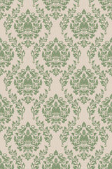 Elegant green damask patterns on a beige background, forming a classic and symmetrical design for stylish peel and stick removable wallpaper.