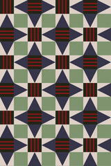 A symmetrical pattern with interlocking geometric stars in shades of green, red, and beige, creating a repeating motif on peel and stick removable wallpaper.