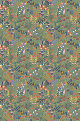 A repeating pattern of stylized flowers and foliage in earth tones with accents of red and blue on a sage green background, peel and stick removable wallpaper.