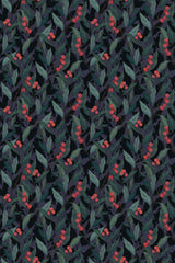 Dark botanical peel and stick removable wallpaper with a pattern of green leaves and red berries on a night background.