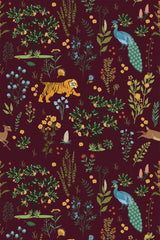 A Burgundy background with a pattern of tigers, peacocks, and varied plants in a whimsical animal land theme, suitable for peel and stick removable wallpaper.